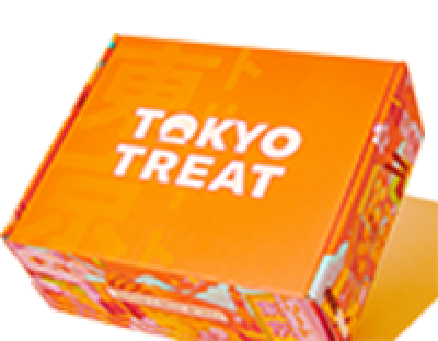 Orange TokyoTreat box image filled with assorted Japanese snacks, brand logo visible.